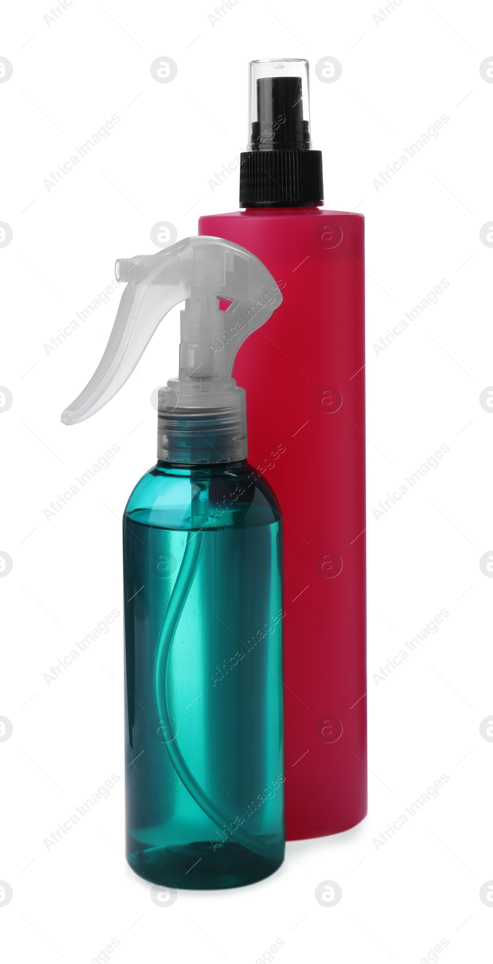 Photo of Spray bottles with hair thermal protection isolated on white