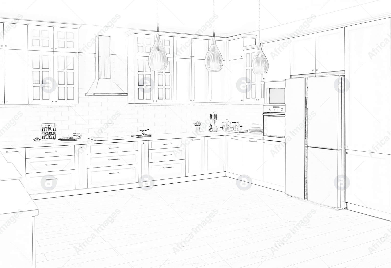 Image of Beautiful kitchen with new stylish furniture. Illustrated interior design