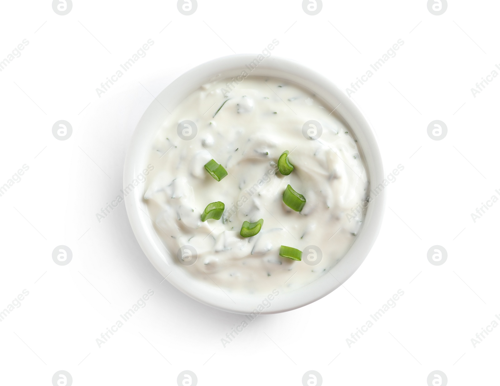 Photo of Delicious sauce in bowl on white background, top view