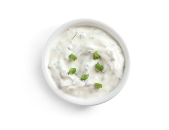 Photo of Delicious sauce in bowl on white background, top view