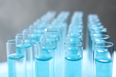 Photo of Many test tubes with light blue liquid, closeup