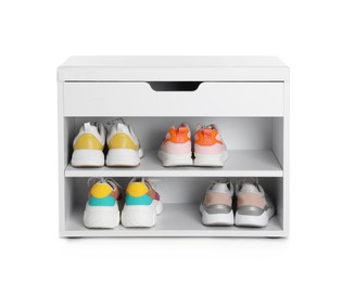 Photo of Stylish storage cabinet with different pairs of shoes on white background