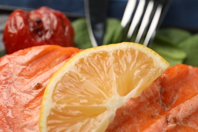Tasty grilled salmon with lemon on plate, closeup