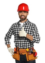 Professional builder in hard hat with tool belt isolated on white