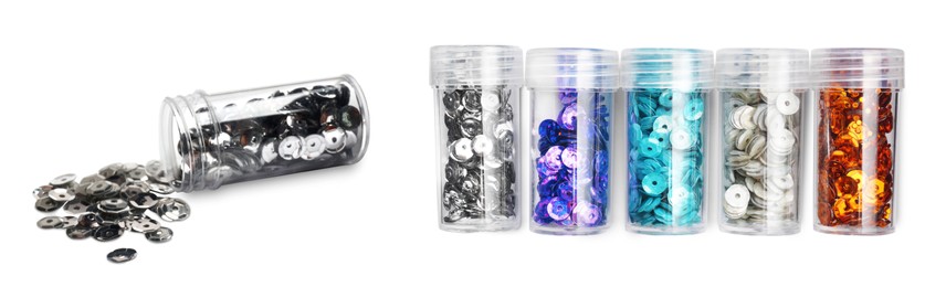 Image of Collage of containers with shiny sequins in different colors on white background