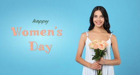 Happy Women's Day, Charming lady holding bouquet of beautiful flowers on light blue background