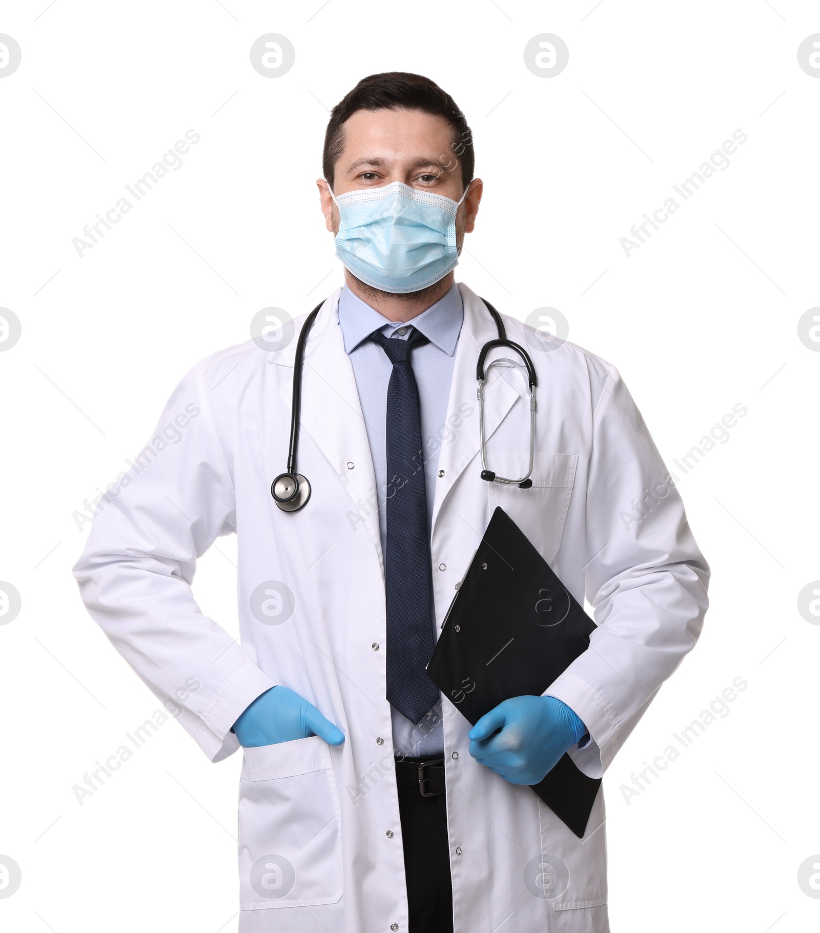 Photo of Doctor in medical mask with clipboard isolated on white