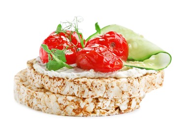 Crunchy buckwheat cakes with cream cheese, tomatoes and cucumber slice isolated on white