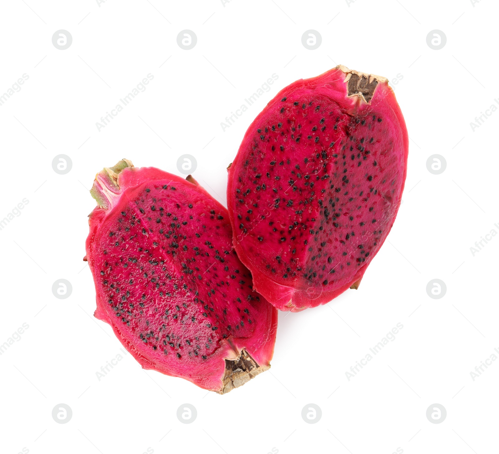 Photo of Delicious cut red pitahaya fruit on white background, top view