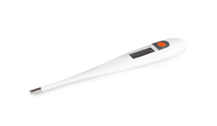 Photo of Digital thermometer on white background. Medical treatment