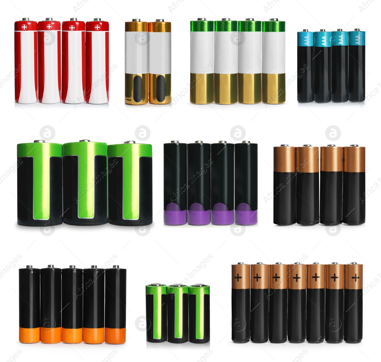 Image of Many batteries of different types on white background, collage