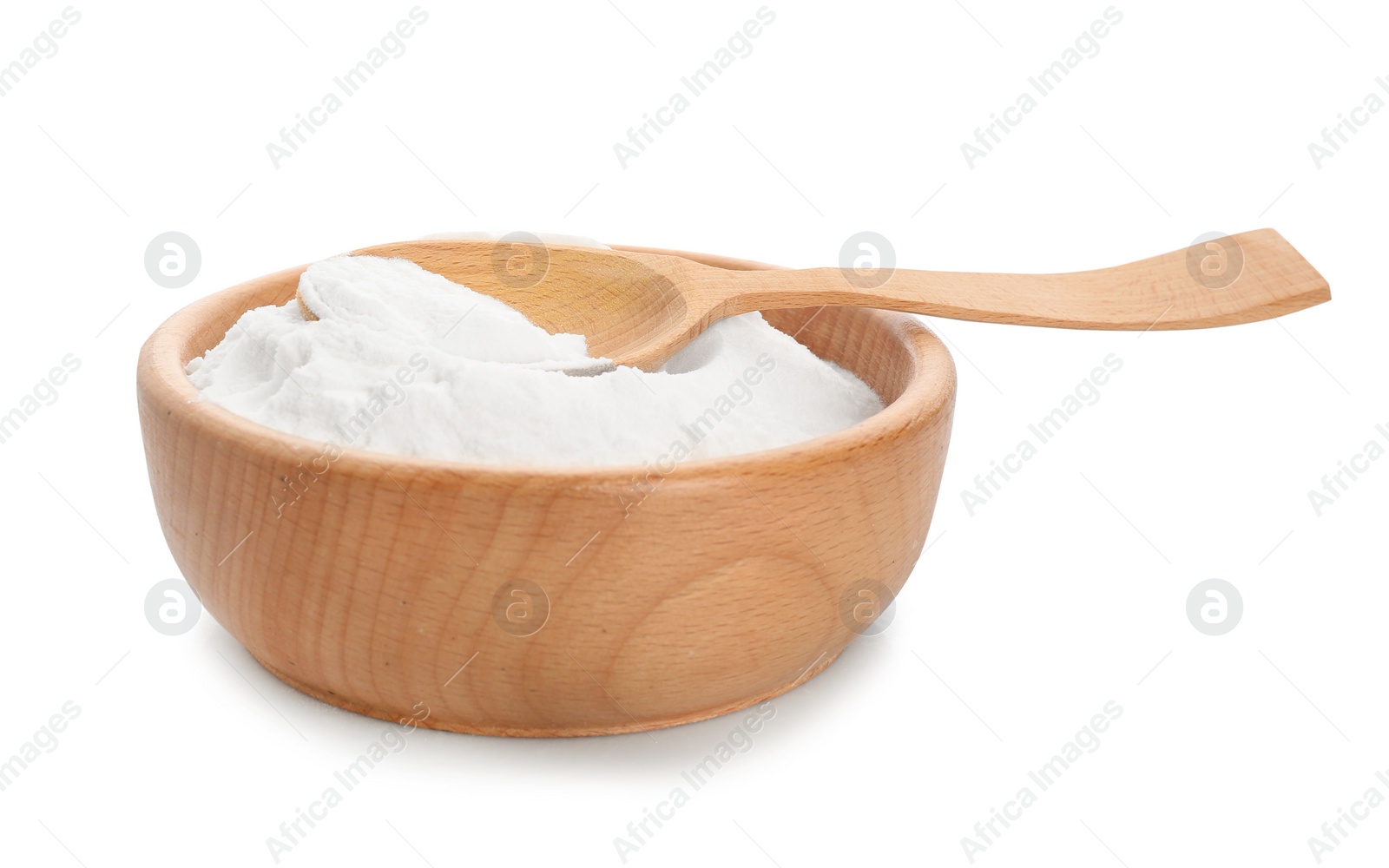 Photo of Wooden bowl with baking soda on white background