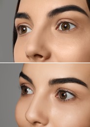 Image of Collage with photos of woman before and after eyelash lamination procedure, closeup