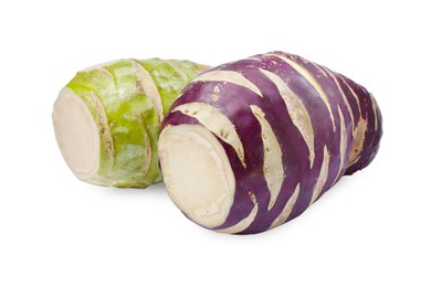 Photo of Tasty purple and green Kohlrabi cabbages on white background