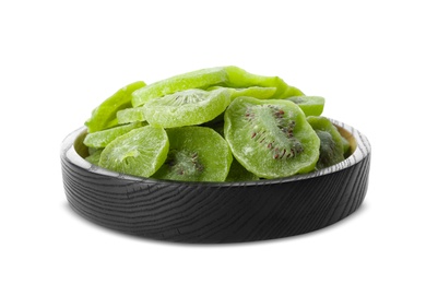 Plate with slices of kiwi on white background. Dried fruit as healthy food