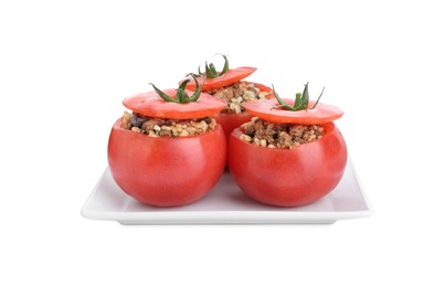 Photo of Delicious stuffed tomatoes with minced beef, bulgur and mushrooms isolated on white