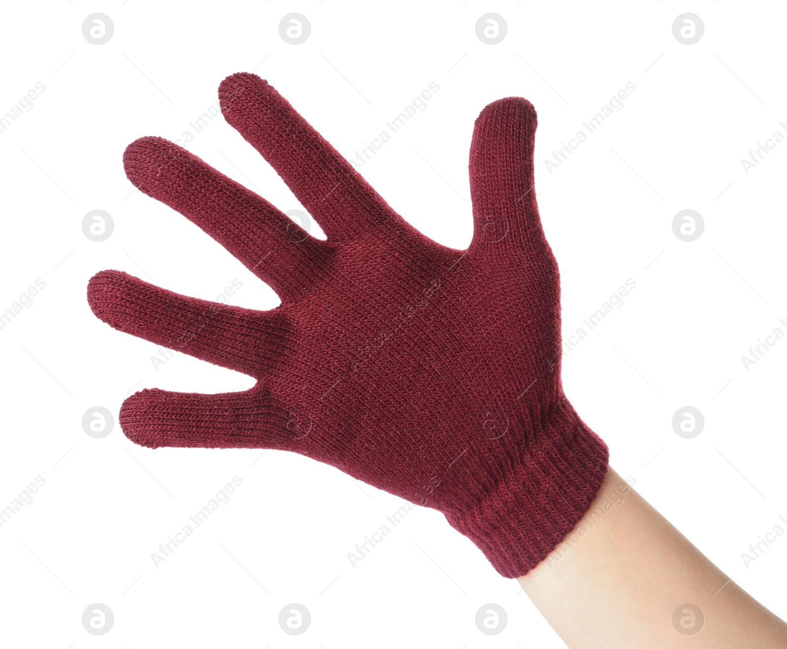 Photo of Woman in woolen glove on white background, closeup. Winter clothes