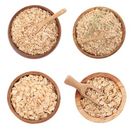 Image of Rolled oats in bowls isolated on white, collection. Top view