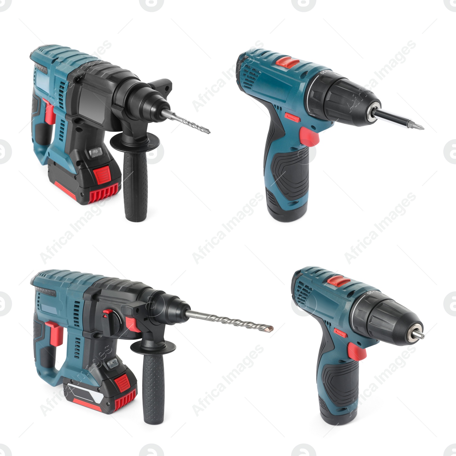 Image of Set of modern electric drills on white background