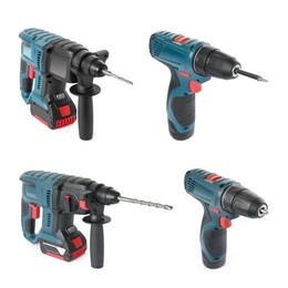 Set of modern electric drills on white background