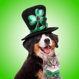 Image of St. Patrick's day celebration. Cute dog in leprechaun hat and cat with bow tie on green background