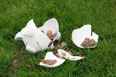 Broken piggy bank and coins on green grass outdoors