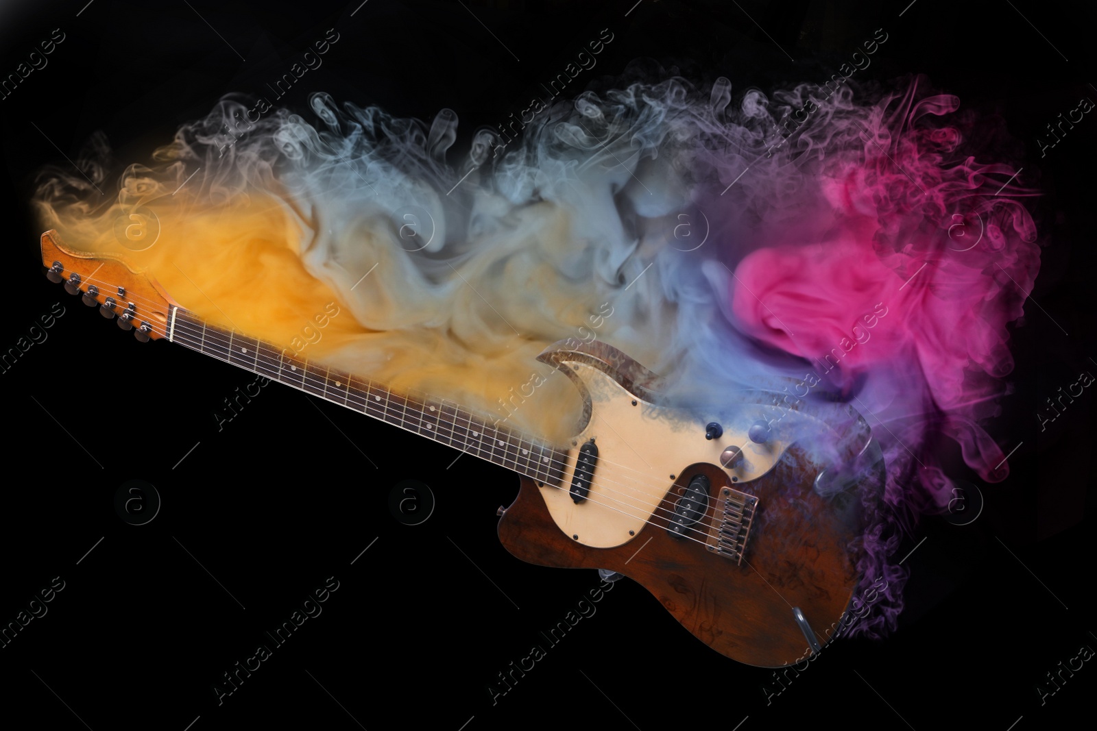 Image of Electric guitar with colorful smoke on black background, stylish design. Rock music concept