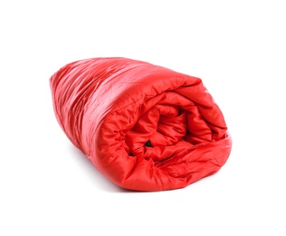 Photo of Rolled sleeping bag on white background. Camping equipment