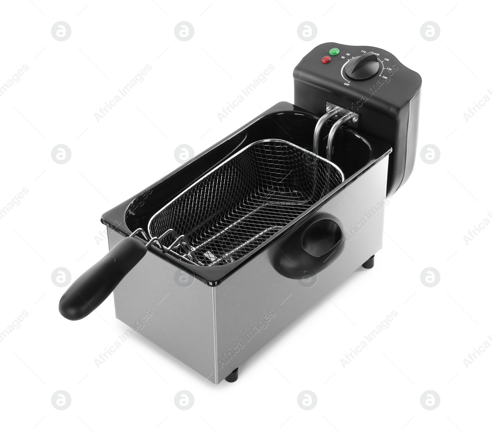 Photo of Modern deep fryer and basket isolated on white. Kitchen device