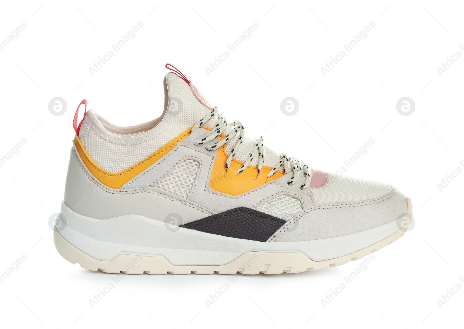 Photo of Single new stylish sneaker on white background