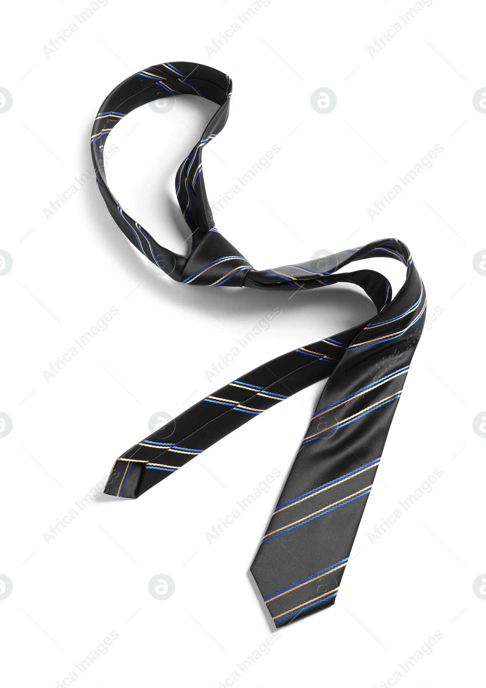 Photo of One striped necktie isolated on white, top view