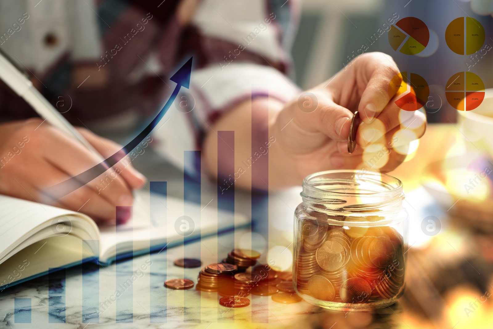 Image of Woman putting money into glass jar at table, closeup