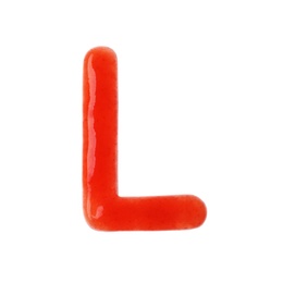 Photo of Letter L written with red sauce on white background