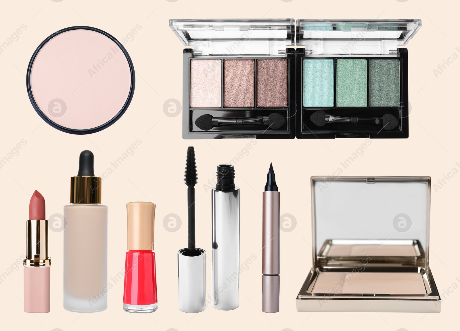 Image of Decorative cosmetics on beige background, collection. Makeup products