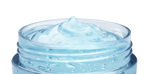 Photo of Jar of transparent cosmetic gel on light background, closeup