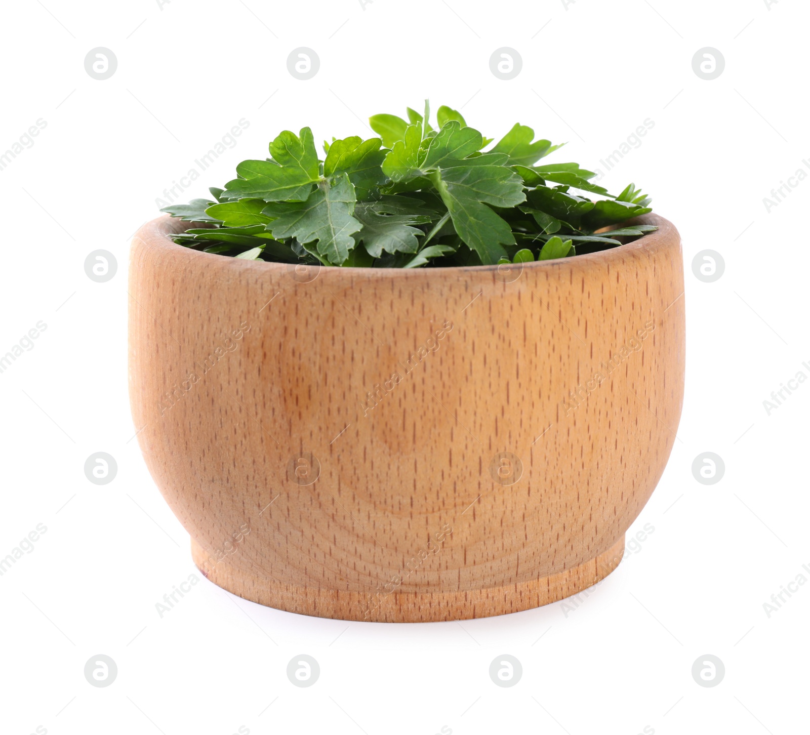 Photo of Fresh green parsley in wooden bowl isolated on white