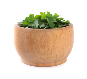 Fresh green parsley in wooden bowl isolated on white