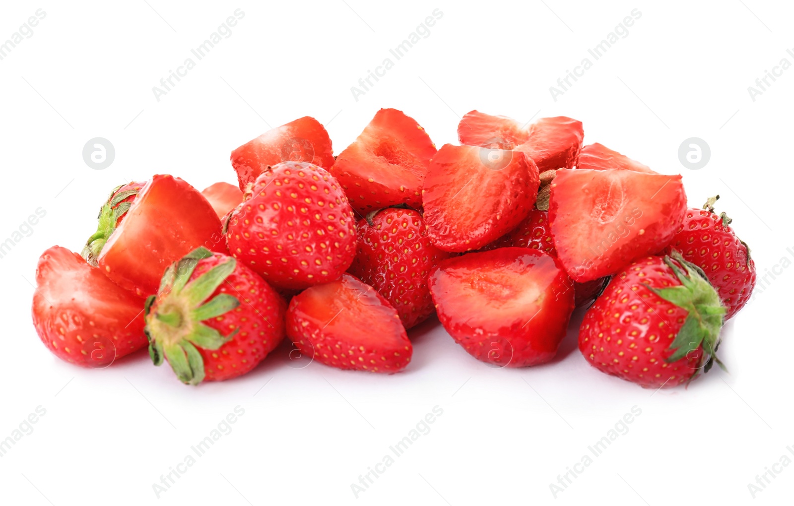 Photo of Many ripe red strawberries on white background