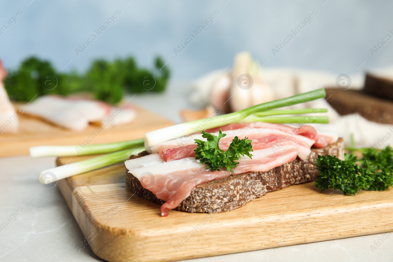 Photo of Board with pork fatback sandwich and onion on stone table