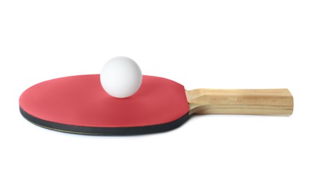 Photo of Ping pong racket and ball isolated on white
