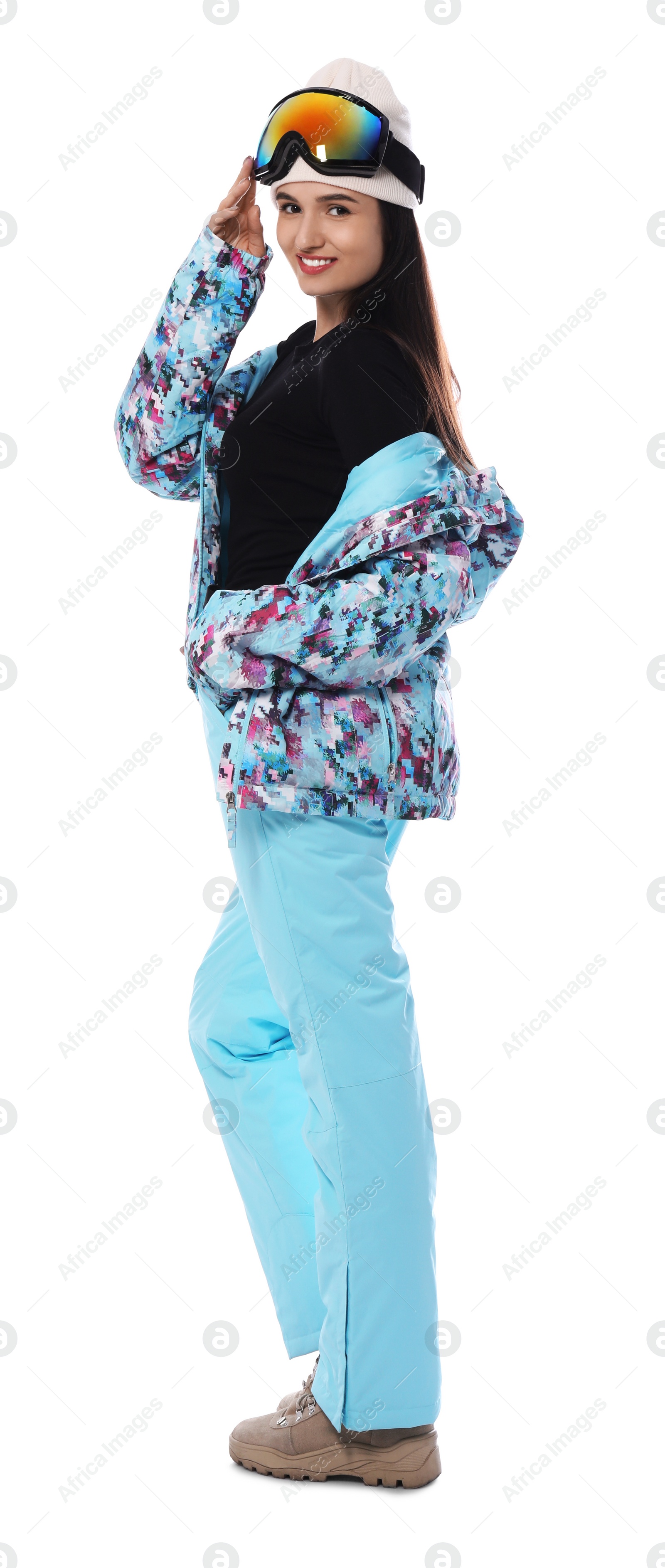 Photo of Woman wearing stylish winter sport clothes on white background