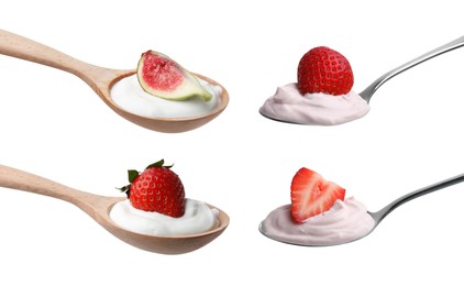 Image of Different delicious yogurts in spoons isolated on white, set