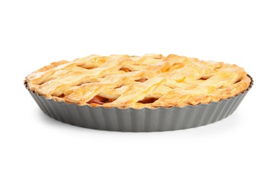 Photo of Delicious fresh peach pie isolated on white