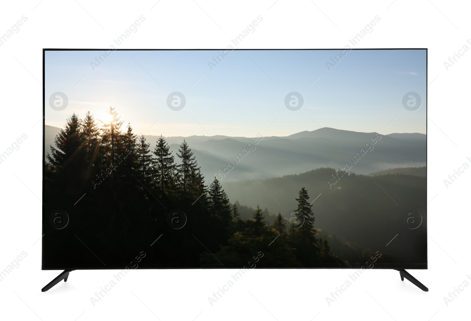 Image of Modern wide screen TV monitor showing beautiful mountain landscape isolated on white