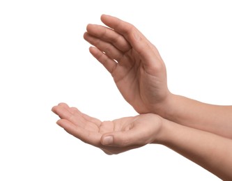 Woman holding something in hands on white background, closeup