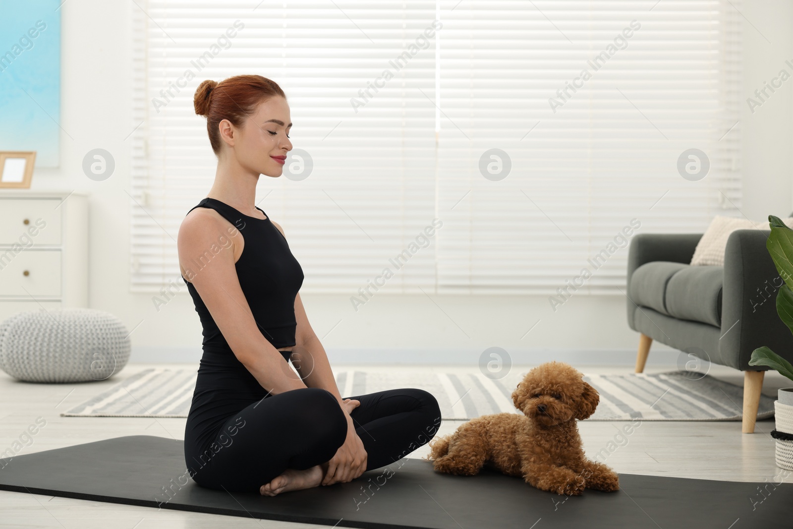 Photo of Young woman practicing yoga on mat with her cute dog at home