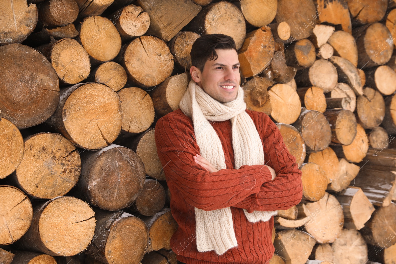 Photo of Handsome man wearing warm sweater and scarf near stack of firewood. Winter season