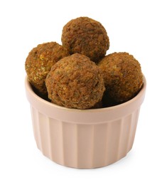 Photo of Delicious falafel balls in bowl isolated on white