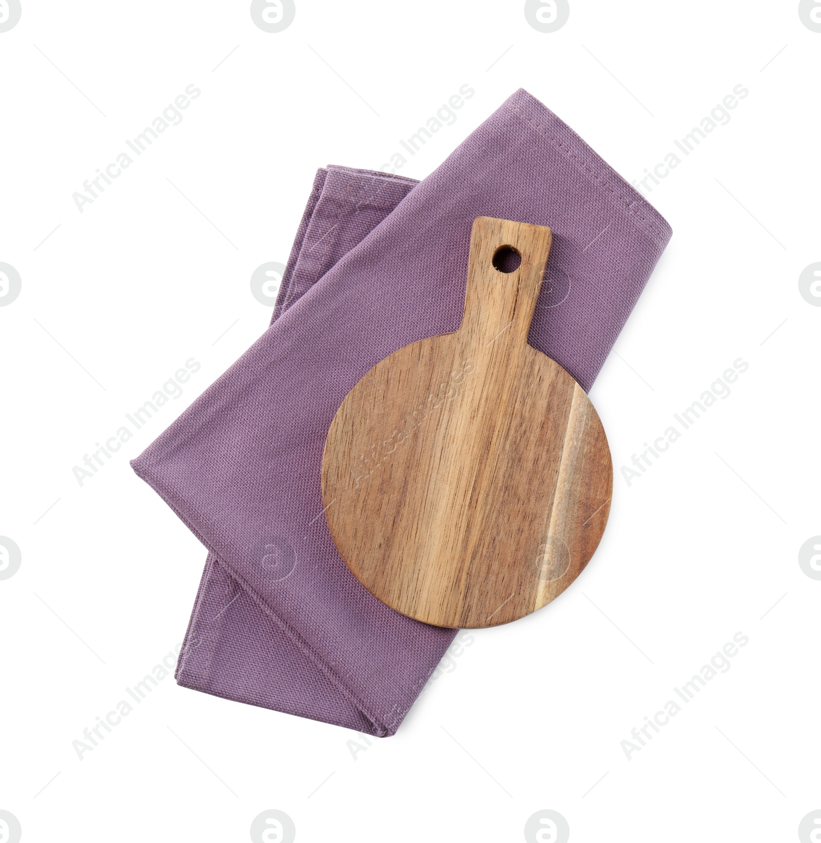 Photo of Wooden cutting board and kitchen towel isolated on white, top view