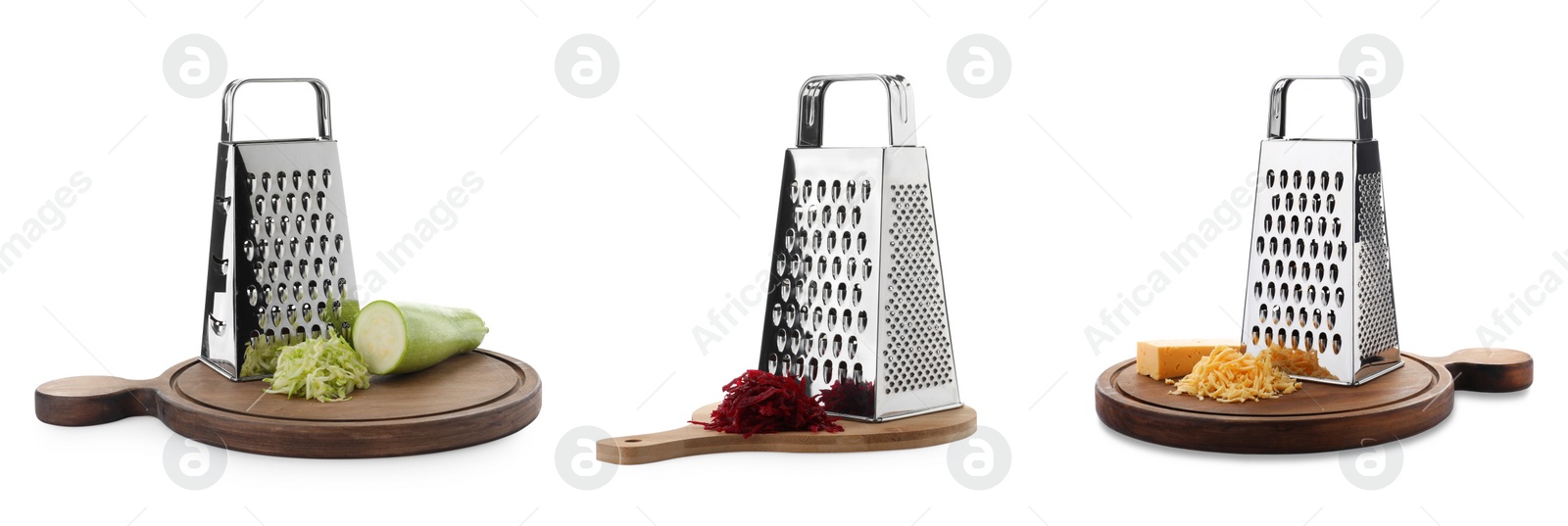 Image of Set with stainless steel graters and fresh products on white background. Banner design
